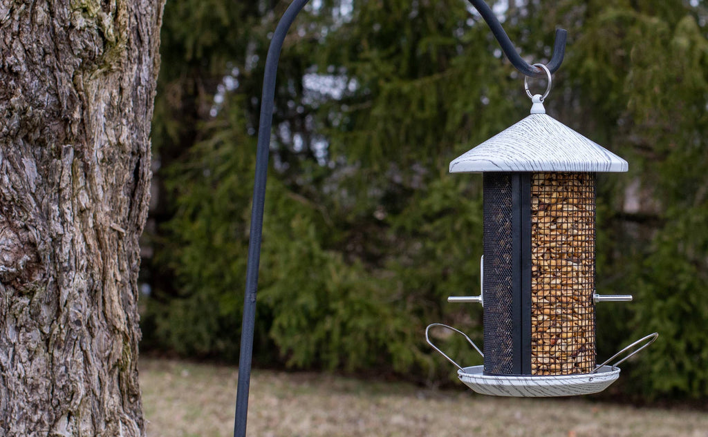 Birdfeeder 12 Inch Whitewashed Woodgrain Metal