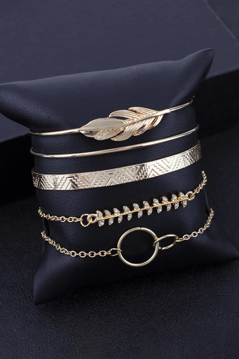 Leaves Retro Adjustable Plated 5Pcs Bracelet Set Gold