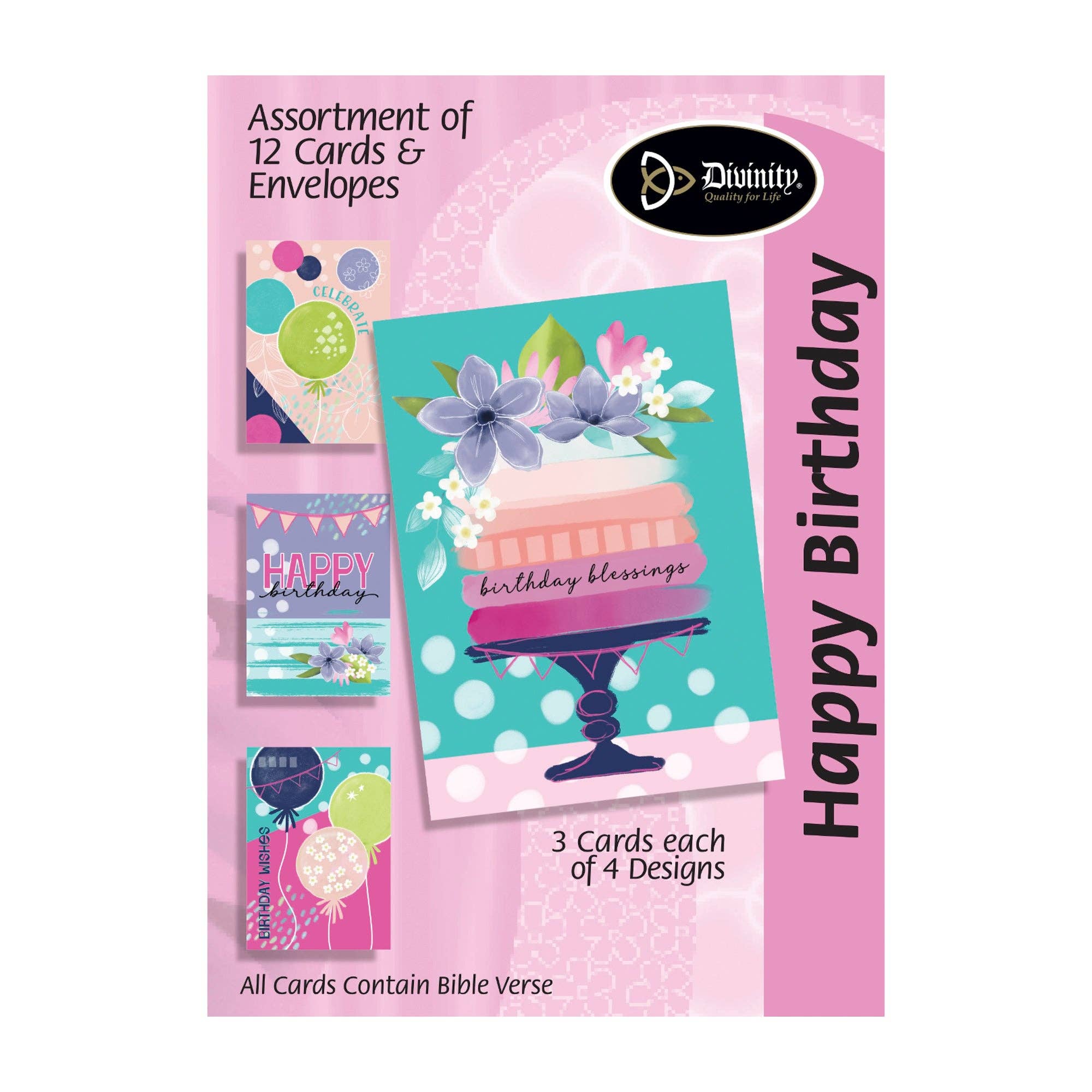 Boxed Greeting Cards: 12CT Birthday Floral Balloons & Cakes