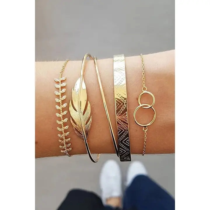 Leaves Retro Adjustable Plated 5Pcs Bracelet Set Gold