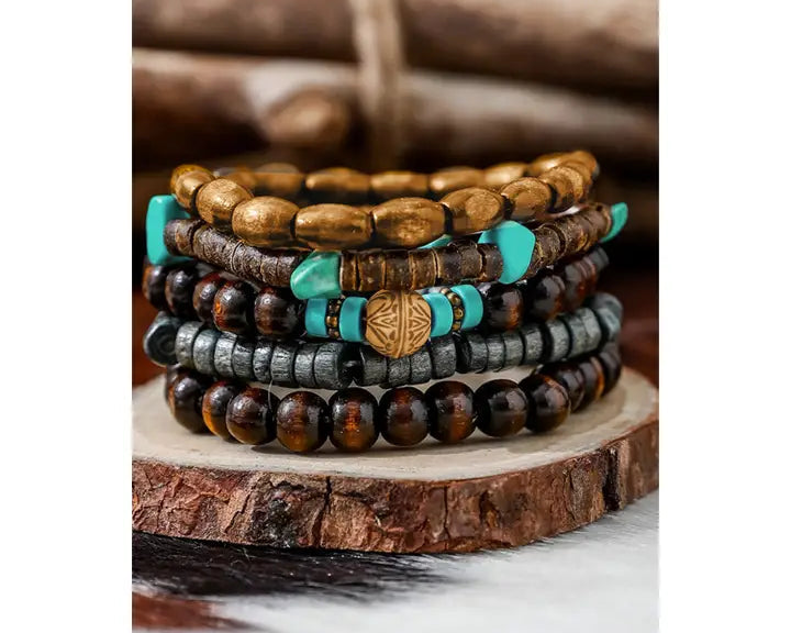 Boho Turquoise Wooden Beaded Multi Layer Bracelet