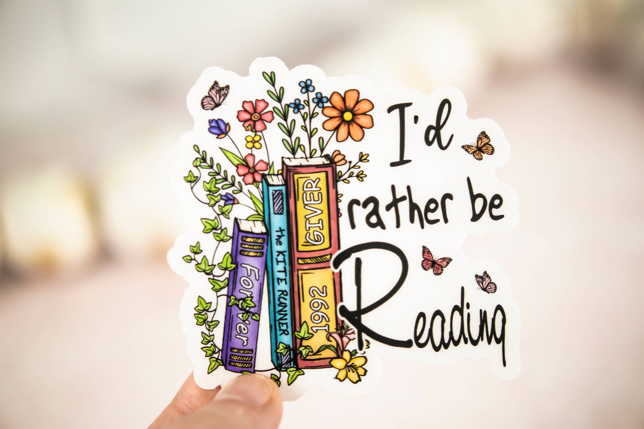 I'd Rather Be Reading, Floral Books, Vinyl Sticker, 3x3 in.