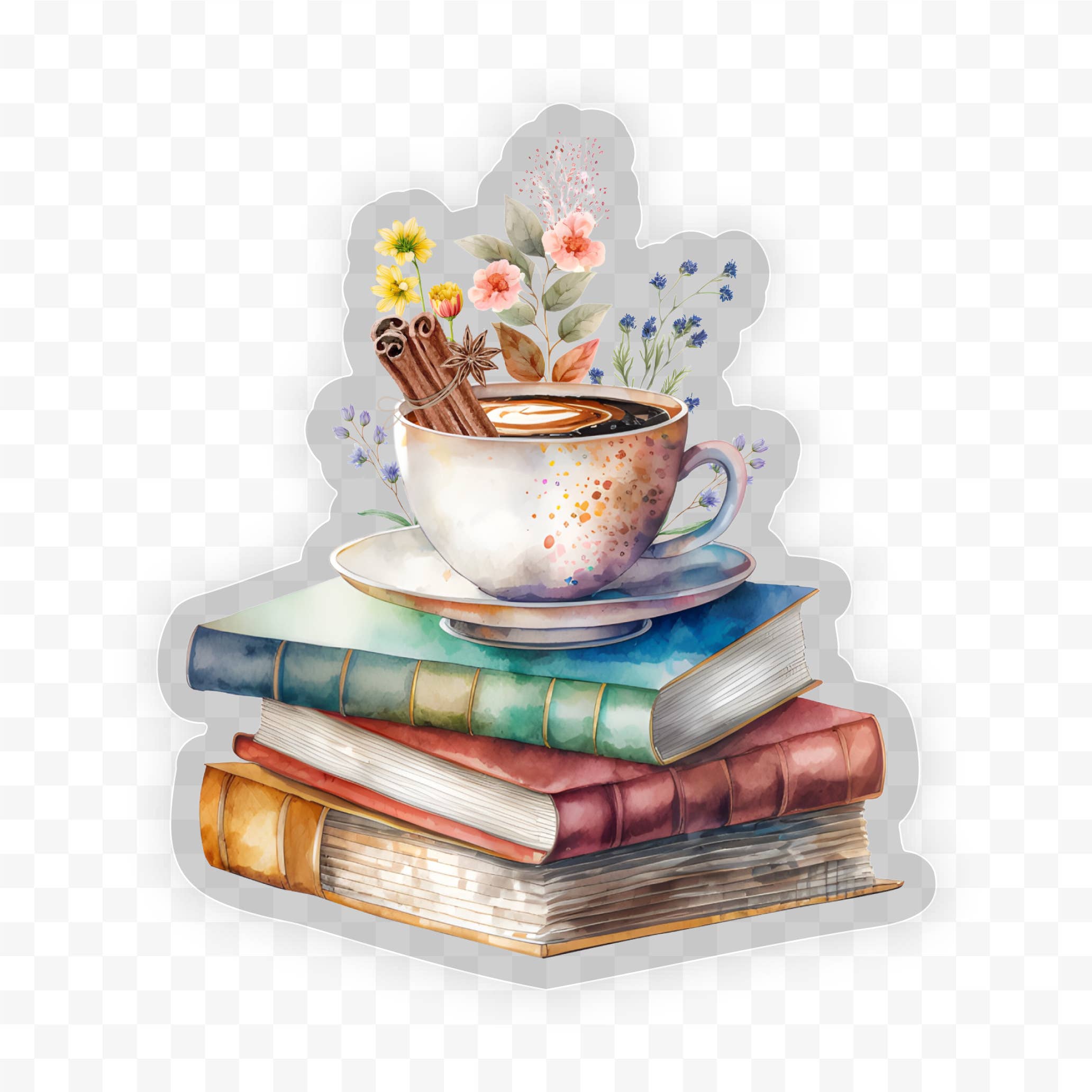 Books Tea and Floral Clear Vinyl, Sticker, 3x3 in.