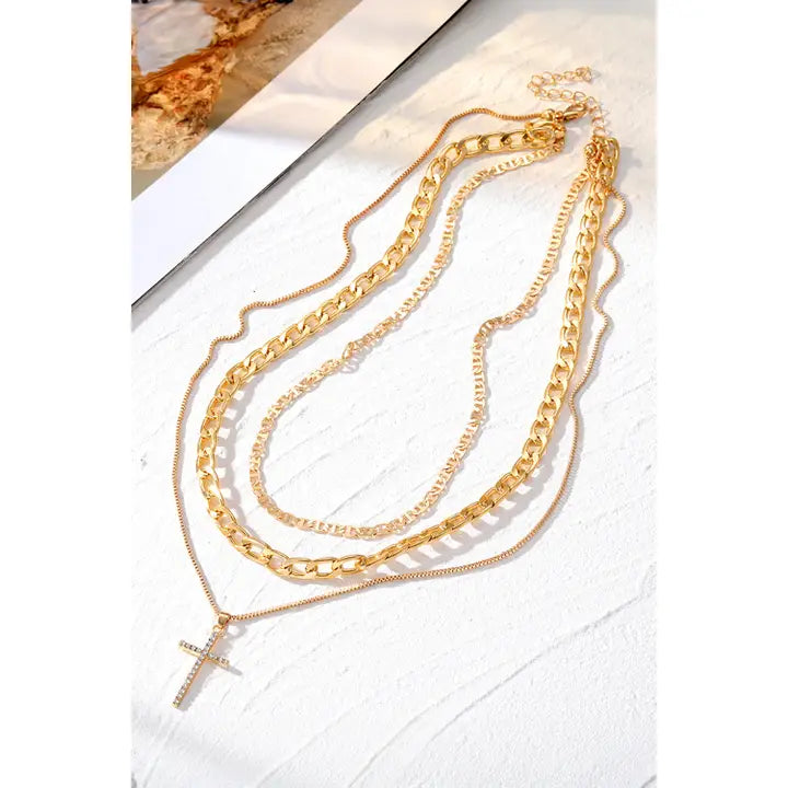 Plated Cross Pendant Multi Layer Stacked Chains Necklace Gold