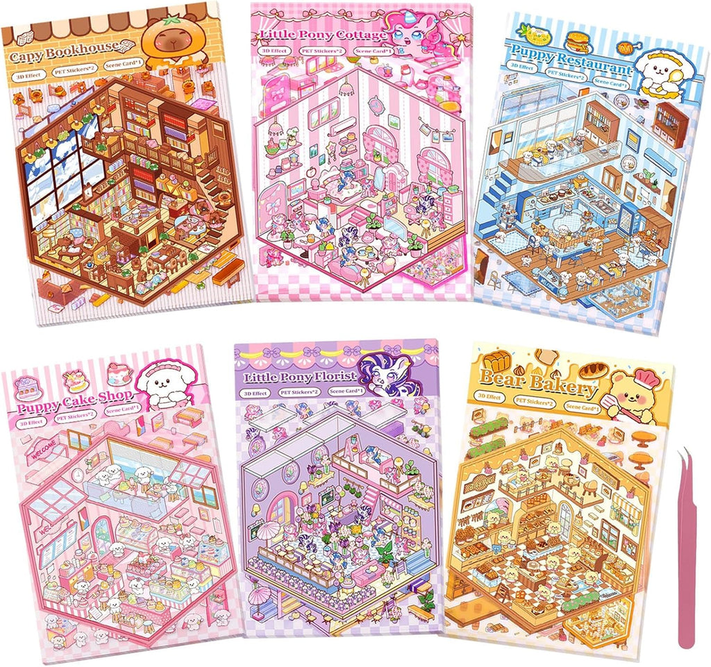 6 Sets of Make Your Own Mini Room Scene Stickers for Kids