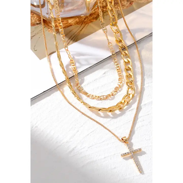 Plated Cross Pendant Multi Layer Stacked Chains Necklace Gold