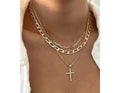 Plated Cross Pendant Multi Layer Stacked Chains Necklace Gold