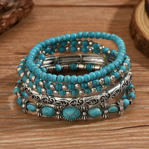 Western Turquoise Beading 5pcs Layered Bracelet