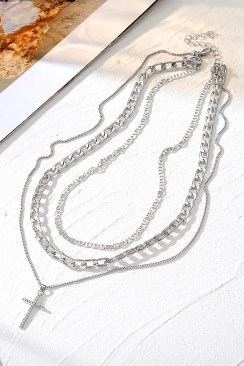 Plated Cross Pendant Multi Layer Stacked Chains Necklace Silver
