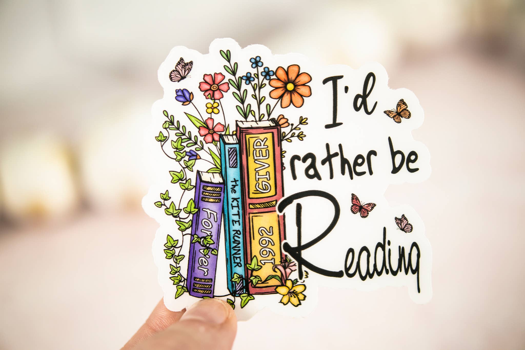 I'd Rather Be Reading, Floral Books, Vinyl Sticker, 3x3 in.