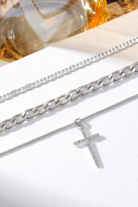 Plated Cross Pendant Multi Layer Stacked Chains Necklace Silver