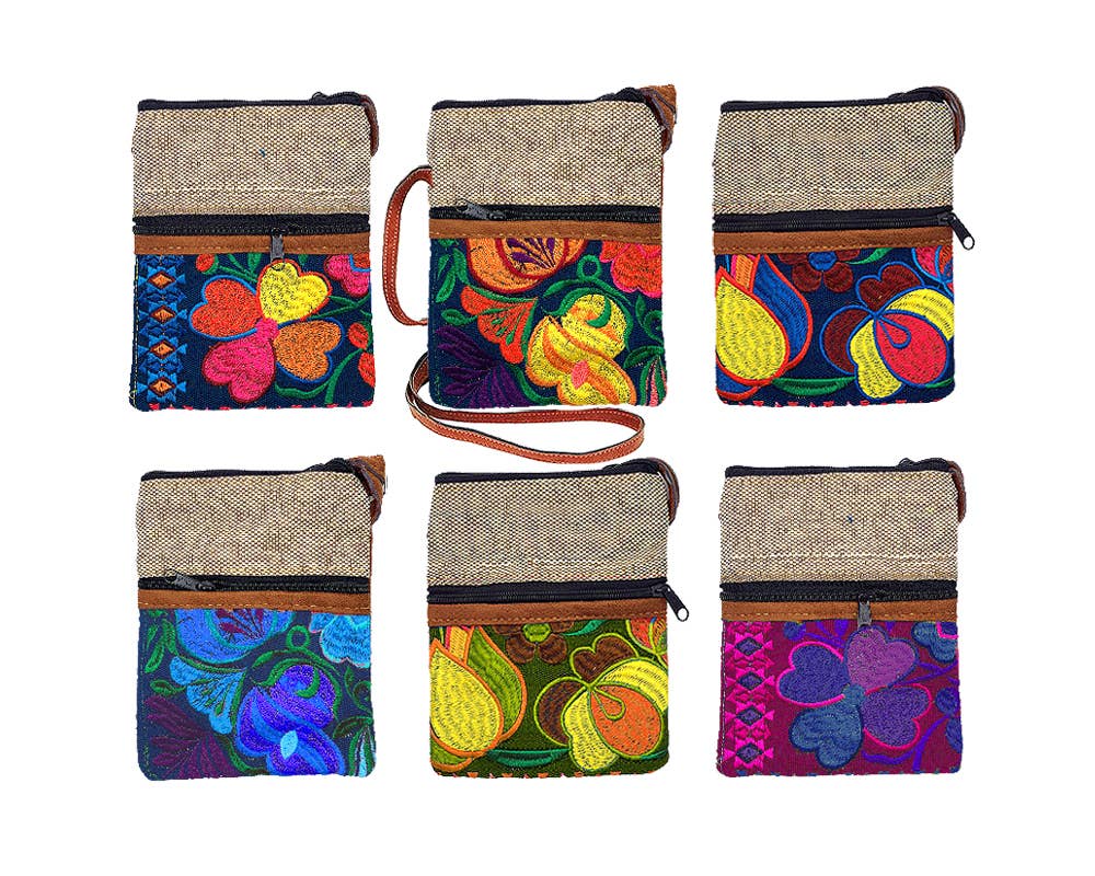 Small Embroidered Floral Burlap Crossbody Purse Passport Bag ONE