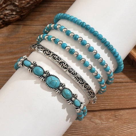 Western Turquoise Beading 5pcs Layered Bracelet