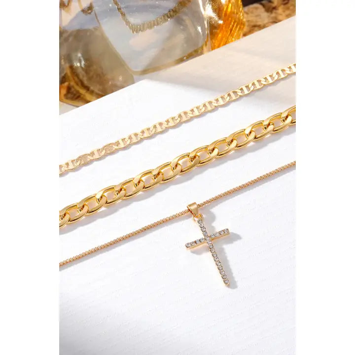 Plated Cross Pendant Multi Layer Stacked Chains Necklace Gold