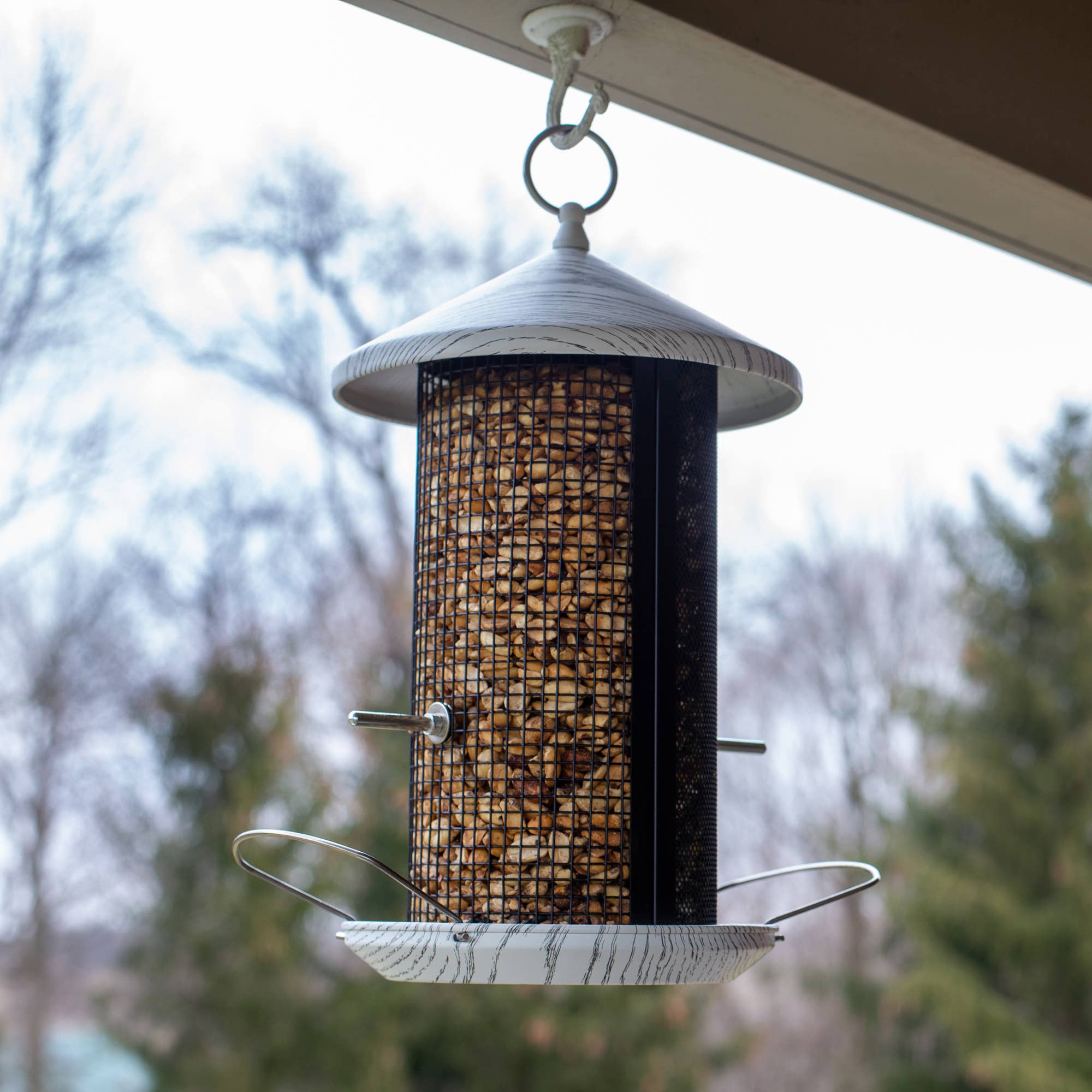 Birdfeeder 12 Inch Whitewashed Woodgrain Metal